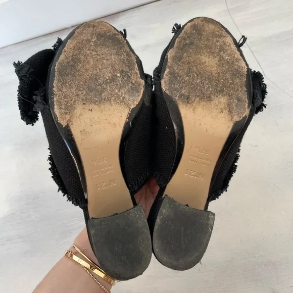 No. 21 Slip On Mules Pumps Navy Blue Canvas Trim Bow Block Heels Sz 37.5